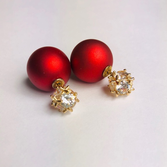 New! Cubic Zirconia Double Sided Stud Earrings Red - Picture 5 of 7